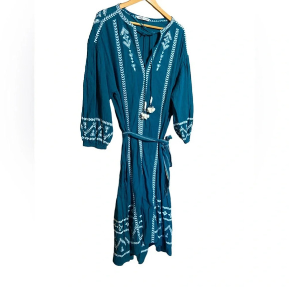 NWOT ZARA WOMAN MIDI EMBROIDERED DRESS COTTAGECORE BOHO GREENISH SIZE‎ LARGE - Picture 7 of 9